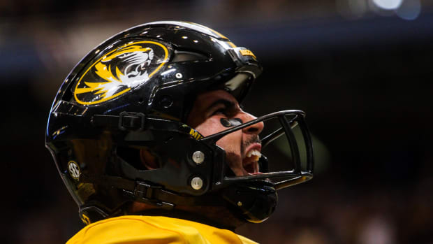 Missouri's Cody Schrader exclaims in celebration during MU's game against Memphis at the Dome at America's Center on Sept. 23, 2023, in St. Louis, Mo.